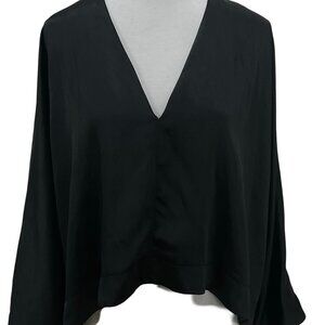 H&M Black Satin V-Neck Blouse Wide Sleeve Draped Top Size L